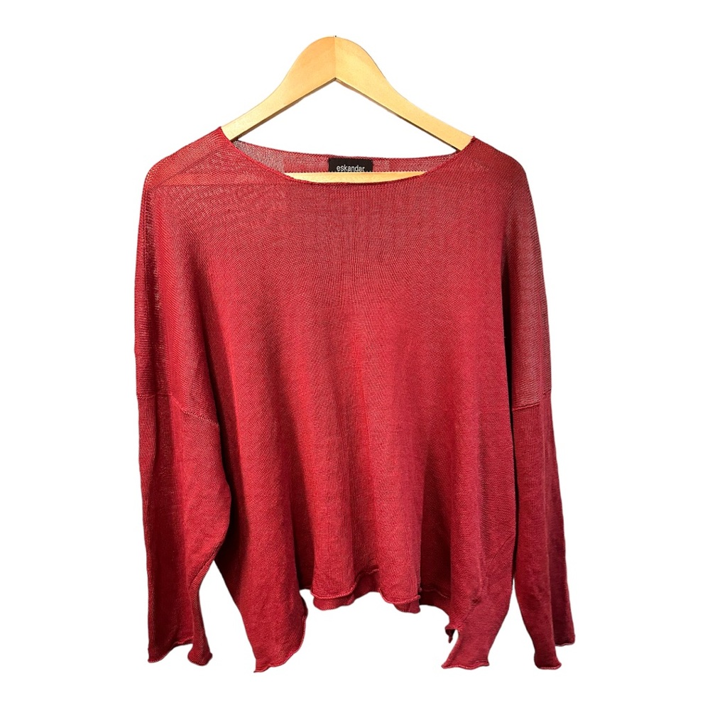 ESKANDAR womens 100% linen top dark red one size lagenlook flowy blouse w flaw